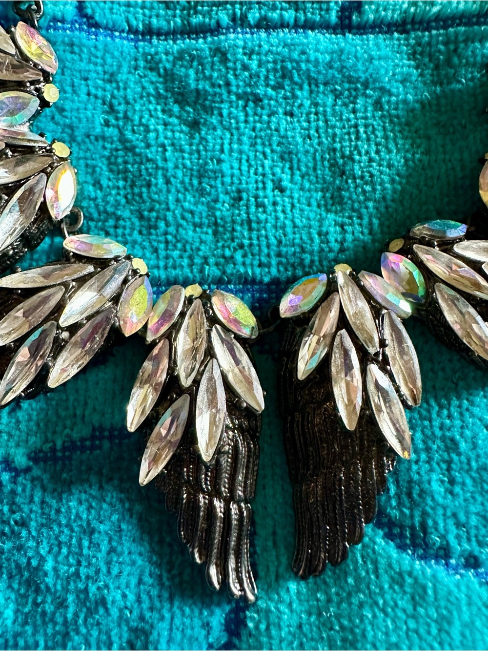 Statement Crystal Wing Bib Necklace in Black and Iridescent Harley Davidson look